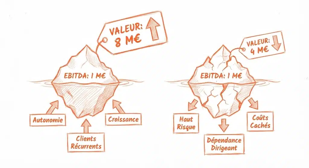 Illustration comparant deux entreprises avec le même EBITDA de 1 M€ mais des valorisations différentes (8 M€ vs 4 M€) selon la solidité de leurs fondamentaux cachés.